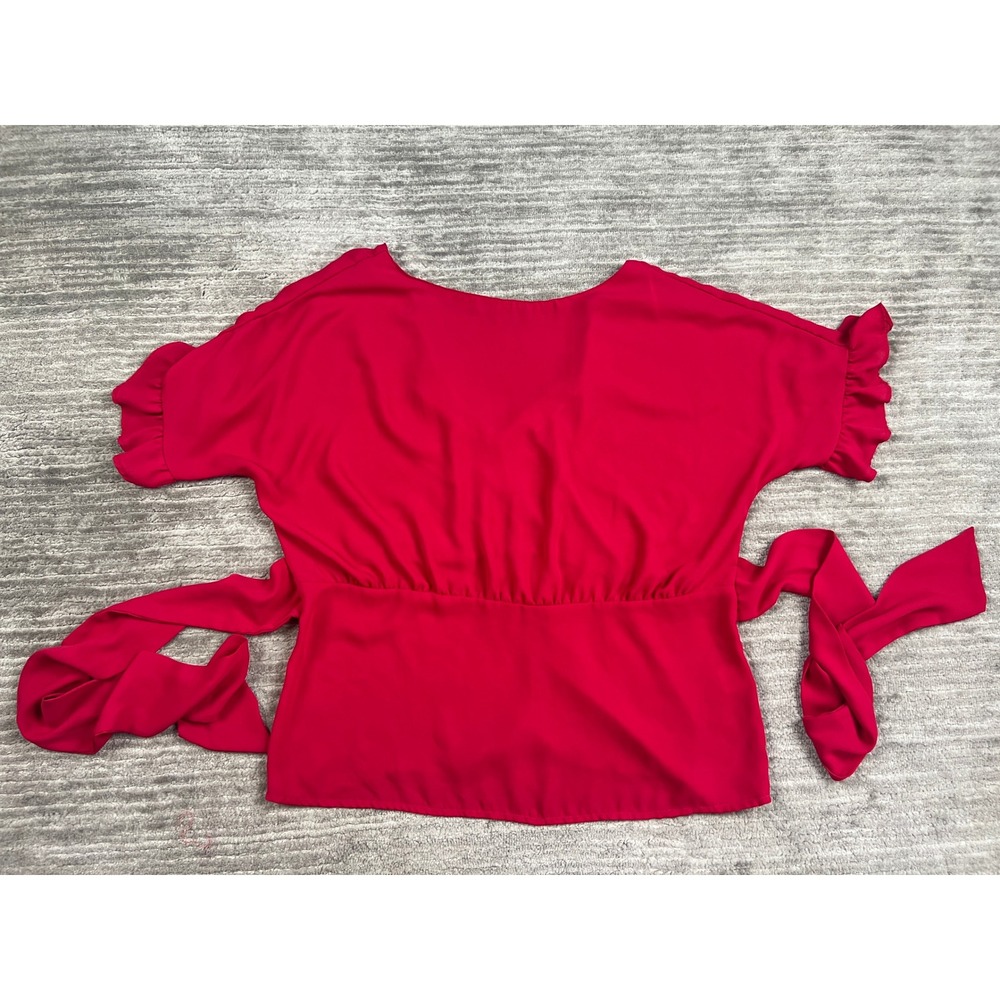 Sweet Pea Blouse Womens Medium Red Button Front Ruffle Sleeve Peplum Tie Waist